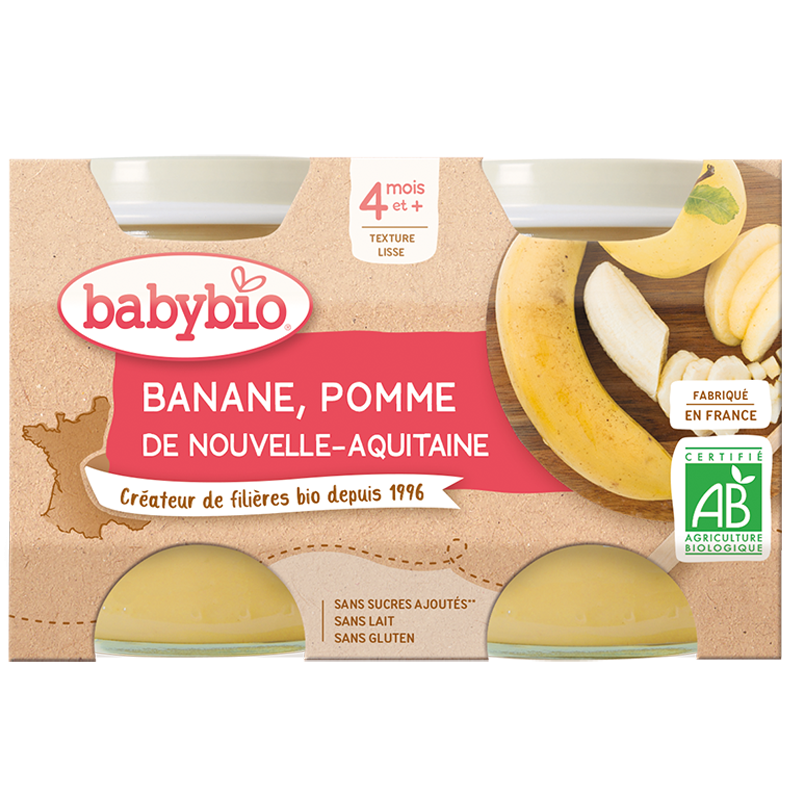 Babybio Frugtkrukker - 4 måneder og + - Banan, Æble - ØKOLOGISK 2x130 g