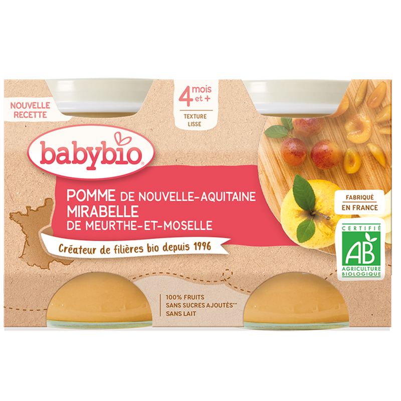 Pots de fruits Babybio - 4 mois et plus - Pomme, Mirabelle - BIO 2x130 g