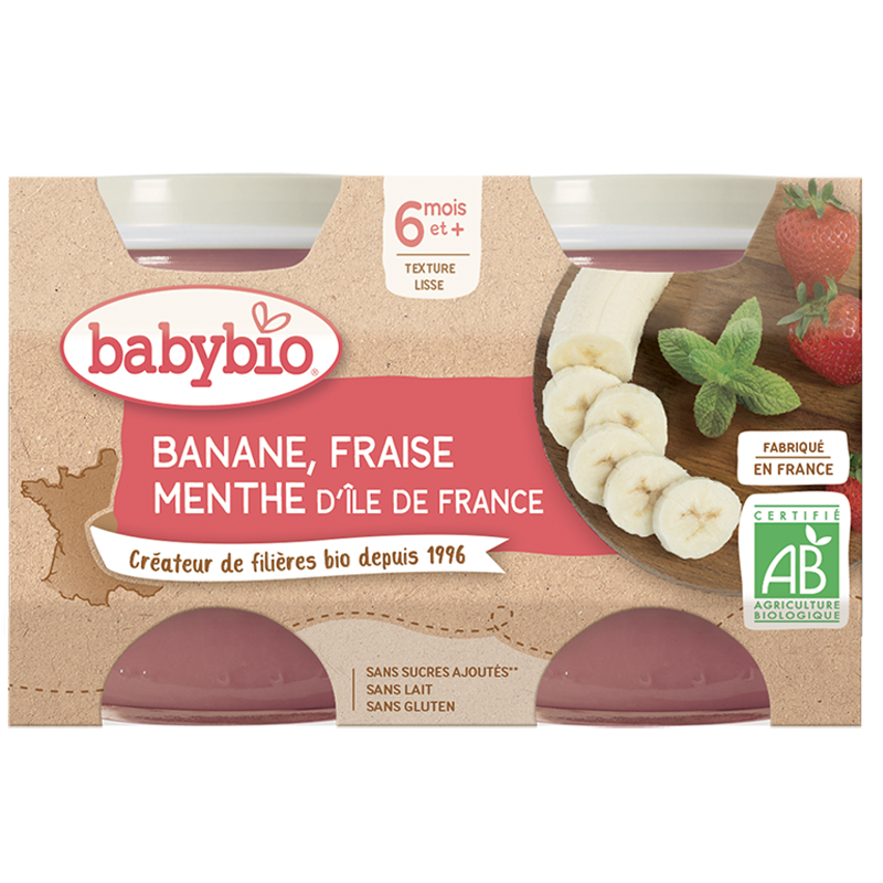 Borcane cu fructe Babybio - 6 luni si mai mult - Banane, Capsuni, Menta - ORGANICE 2x130 g