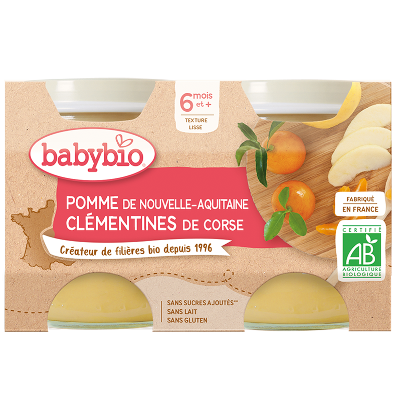 Babybio fruktkrukker - 6 måneder og mer - Eple, klementiner - ØKOLOGISK 2x130 g