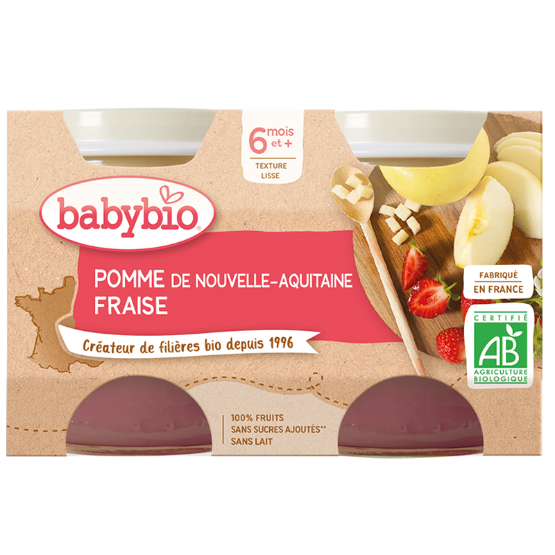 Babybio frugtkrukker - 6 måneder + - Æble, jordbær - ØKOLOGISK 2X130G