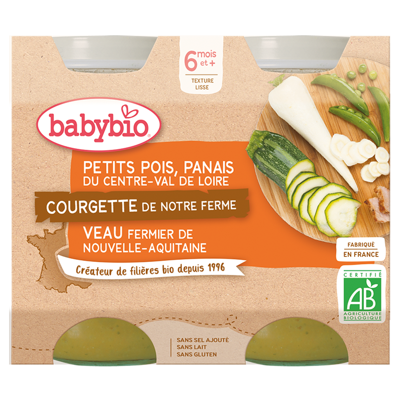 Babybio Midi Sklenice - 6 měsíců a více - Hrách, Pastinák, Cuketa, Telecí - BIO 2x200 g