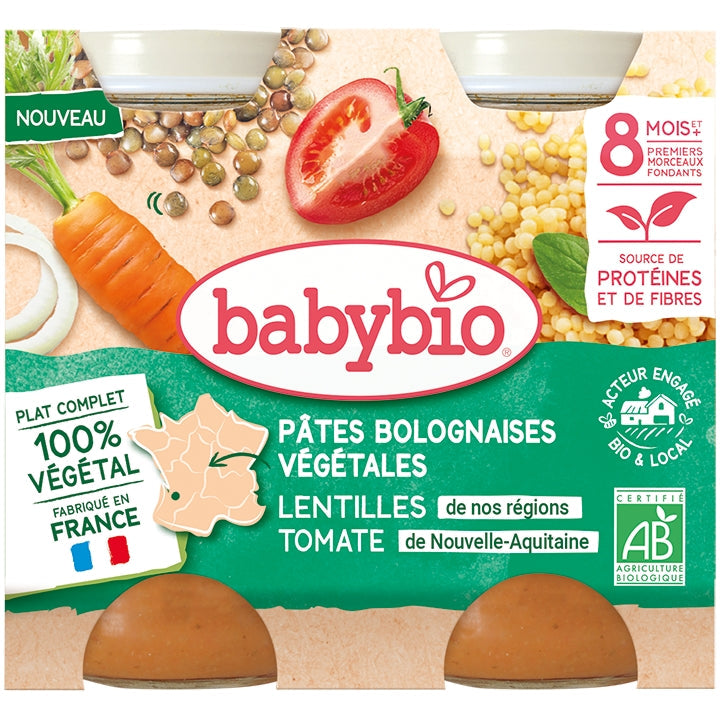 Babybio Midi Pots Végétariens Pâtes Bolognaises Aux Légumes - 8 Mois et + - Lentilles, Tomate 2x200g