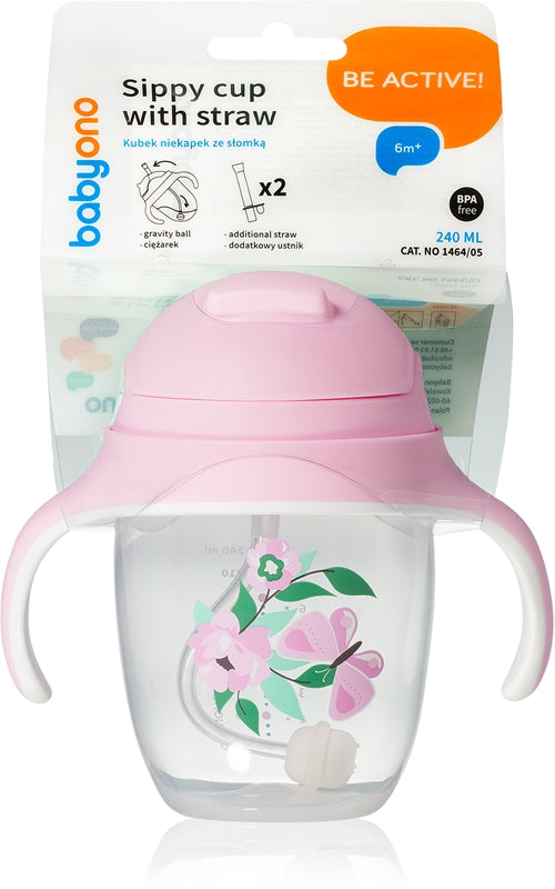 Babyono Be Active Sippy Drip Pahar Cu Paie 6 M+ Butterfly 240 Ml