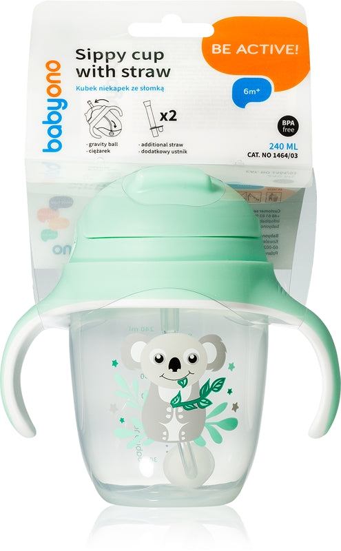 Babyono Be Active Szklanka kroplowa ze słomką 6 M+ Koala 240 ml