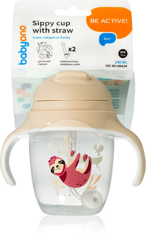 Babyono Be Active Sippy Dryppglass Med sugerør 6 M+ dovendyr 240 Ml