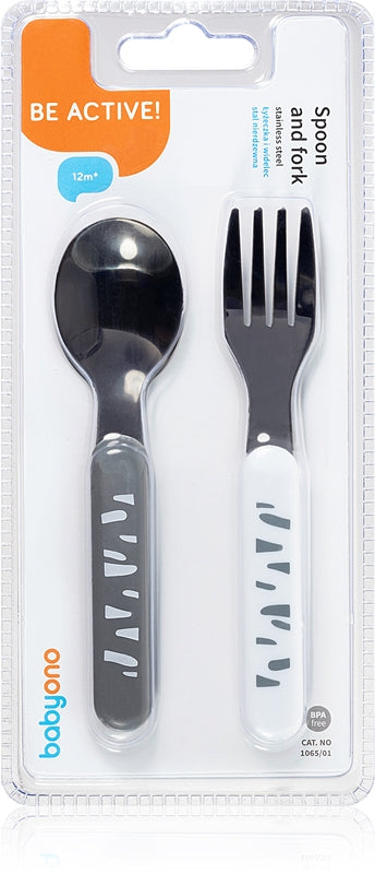 Babyono Be Active Couverts Cuillère Et Fourchette Inox Gris-Blanc 12 M+ 2 Pièces