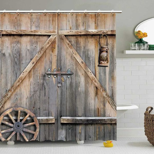 Farmhouse Door Decor Shower Curtain for Bathroom Western Country Theme Rustic Wooden Barn Door Vintage Rural Bath Curtains Set Y240815
