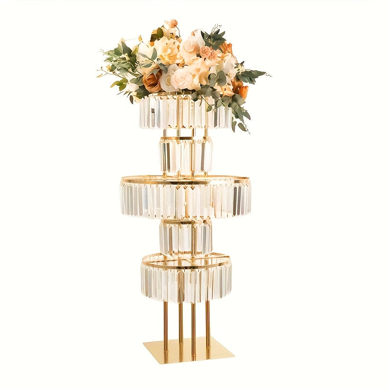 TEMU Wedding Golden Metal Vases Centerpieces Stand With Hanging Crystals, 5 Tier Round Chandelier Pedestal Stand For Wedding Road Lead T Stage Flower