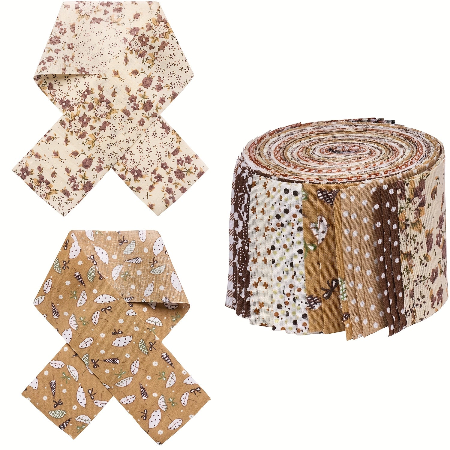 TEMU 42pcs Brown Jelly Roll Fabric Strip - Pre-cut Rolled Fabric For Quilting, Scrapbooking, Bags - Earthy Brown, Beige,, Black, White - Polyester