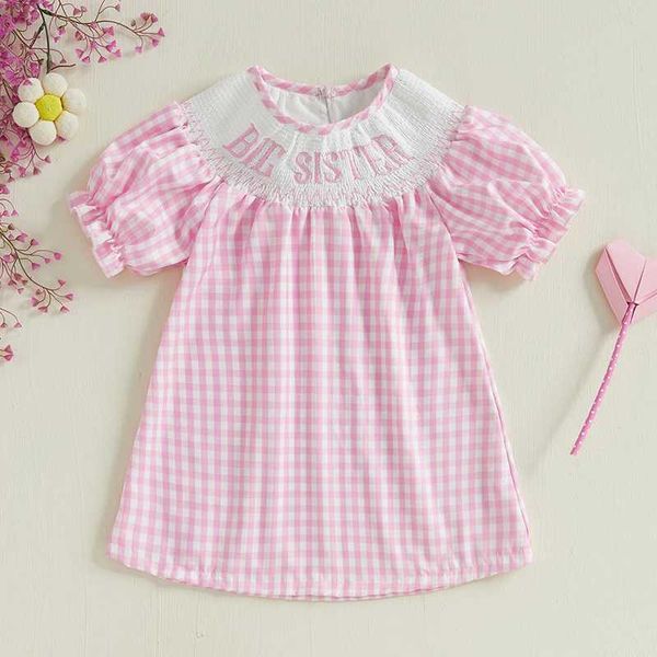 New Arrival Baby Girls Plaid Smocked Princess Dress Puff Short Sleeve Letter Embroidery A-line Plaid Dresses Summer Matching Outfits T250114