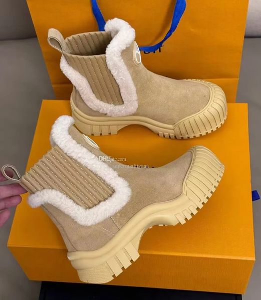Winter Luxury Brand SKI Ruby Women Ankle Boots Suede Leather Fluffy Shearling Trim Lady Booties Party Wedding Dress Comfort Lady Combat Boot