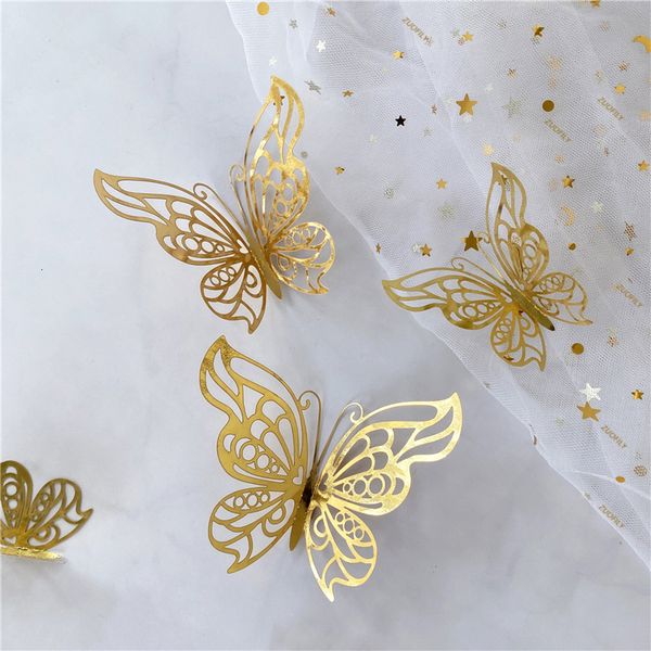 Wall Stickers 12PcsSet 3D Hollow Butterfly Sticker Gold Silver Rose Wedding Decoration Living Room Home Decor Butterflies Decal 230919