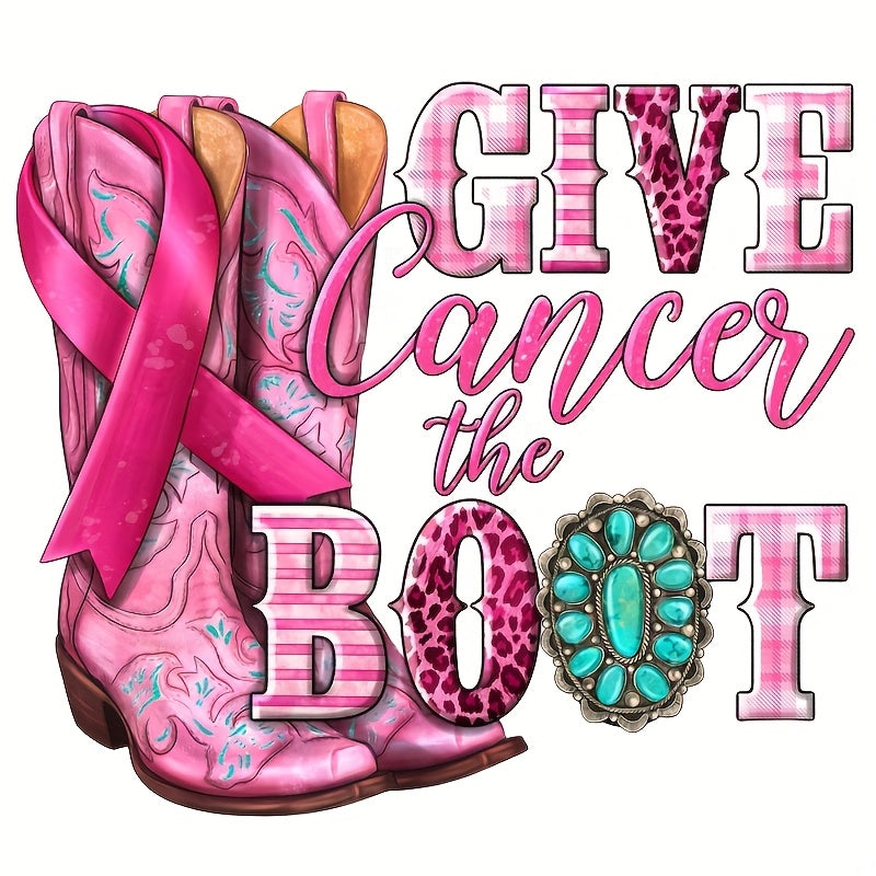 TEMU 1pc Breast Awareness Mixed Color Polyester Heat Transfer Patch - Pink Boots & Ribbon Design, Iron-on Sticker For Hoodies, Sweatshirts, Bags,