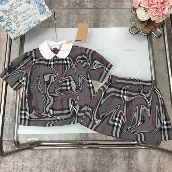 New kids dress sets child tracksuits Plaid printing baby girl clothes Size 100-150 Doll collar Short Sleeves and skirt