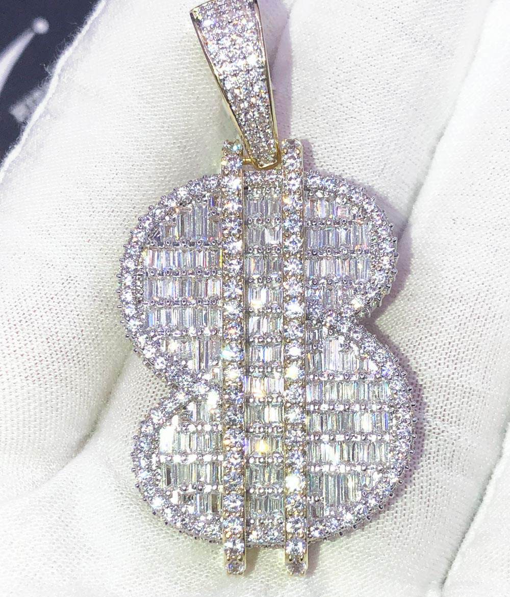 Baguette 3D $ Dollar Sign Money CZ Hip Hop Bling Bling Pendant