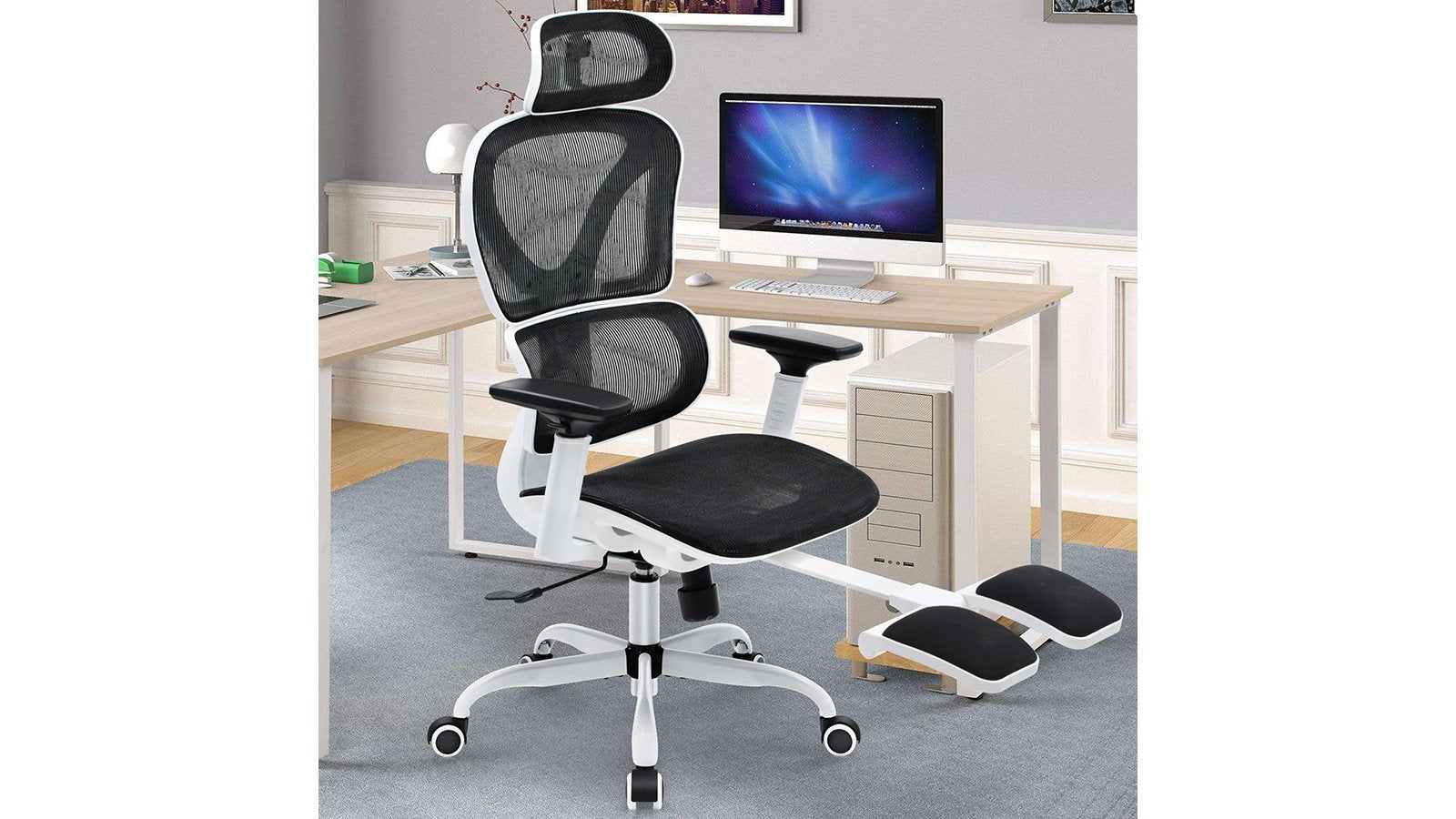 KERDOM FelixKing Ergonomic Chair: Breathable Mesh Cushion White - G - Footrest