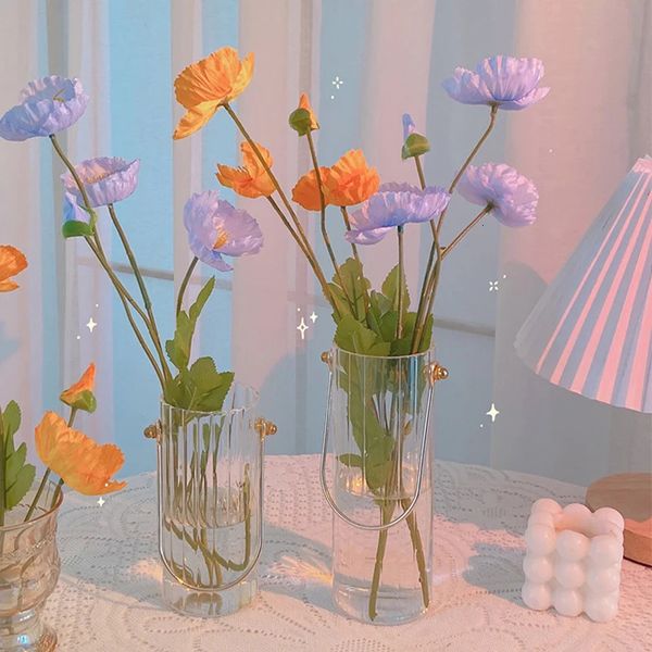 Vase lamp Korean flower arrangement decoration metal handheld vertical glass vase modern home decoration 241019