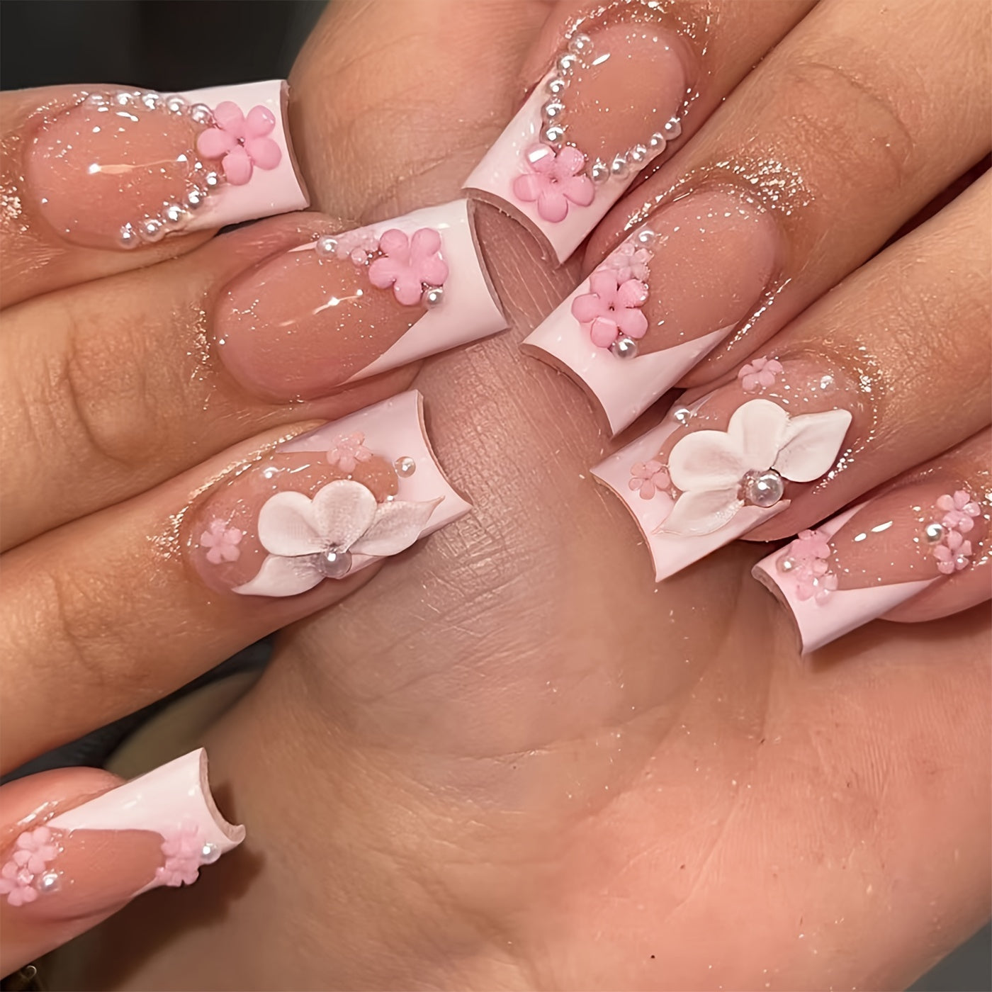 TEMU 24 Pcs Press-on Square Nails In Pink Tone With 3d Flowers, Pearls, Polka Dots - Mid-length Acrylic Nail Set With Glossy Finish And Nail File