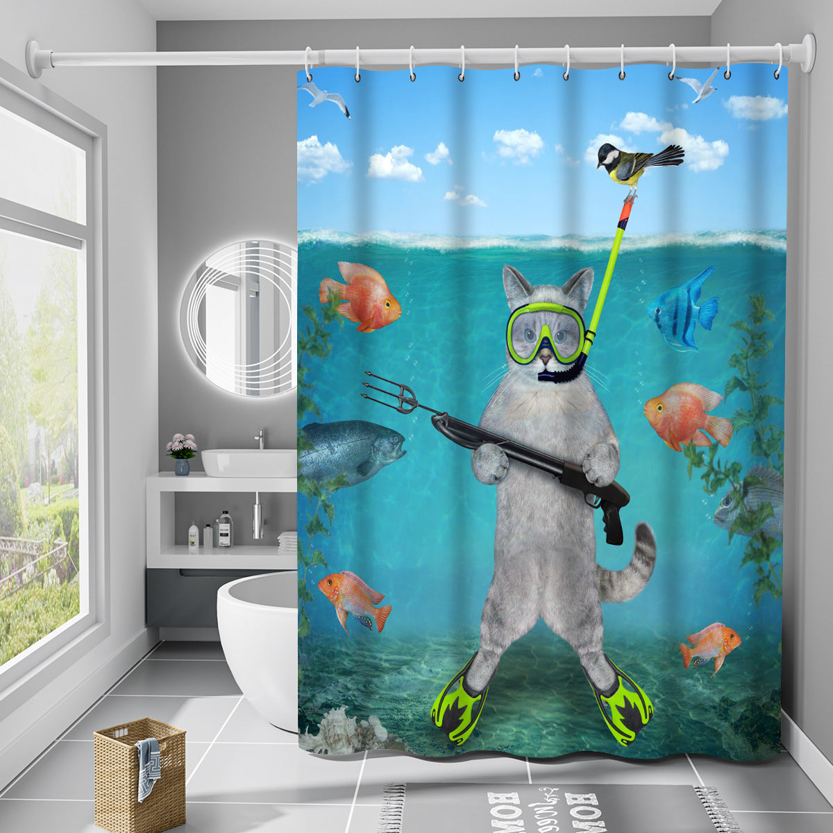 YL-36945 Manufacturer Spot Digital Printed Fabric Shower Curtain Waterproof Thickened Bathroom Partition Curtain with Hook