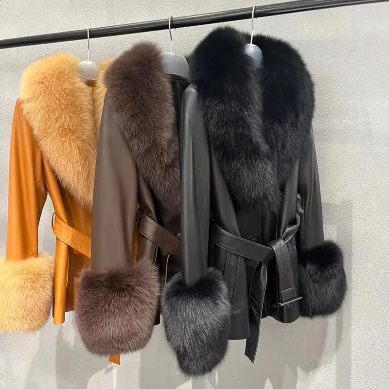 Genuine Leather Winter Jacket For Women With Real Fox Fur Collar And Cuffs