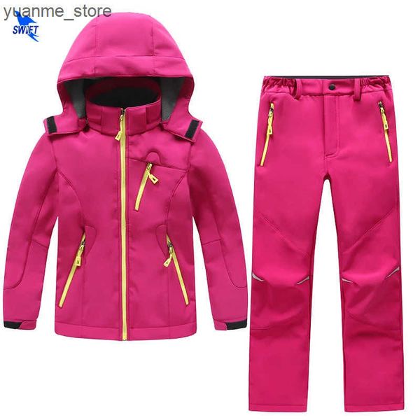 Outdoor Jackets Hoodies 2 Pcs Outdoor Waterproof Kids Softshell Hiking Clothing Boys Girls Winter Fleece Jacket+Pants Skiing Camping Trekkin