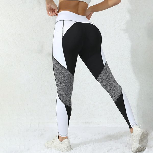 Colorblocked High Waist Yoga Pants With Pockets Tummy Control Workout Leggings For Women