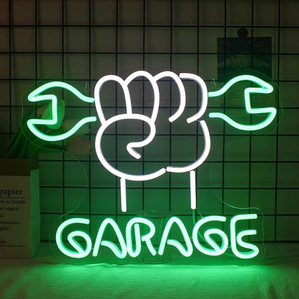 Garage Neon Sign Green White LED Neon Light Up Signs for Wall Decor USB Powered for Man Cave Garage Door Auto Repair Shop Neon M250118