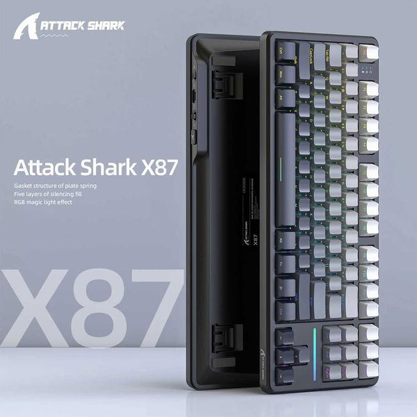 Keyboards X87 Attack Shark game keyboard wireless side carved transparent characters mechanical keyboard RGB hot swap Bluetooth the third mo