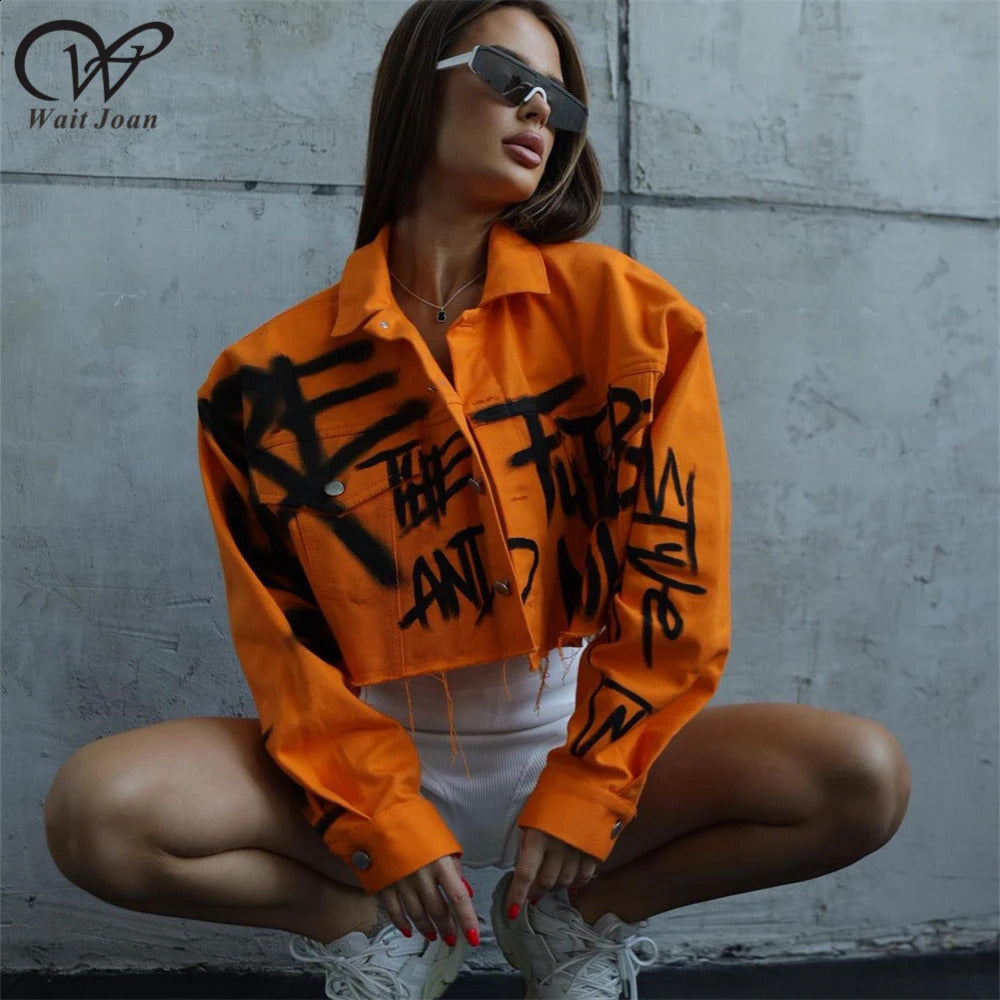 Orange Cropped Jeans Jacket for Women Short Denim Jacket Graffi Streetwear Rough Selvedge Lapel Tops Outerwear Summer 240723