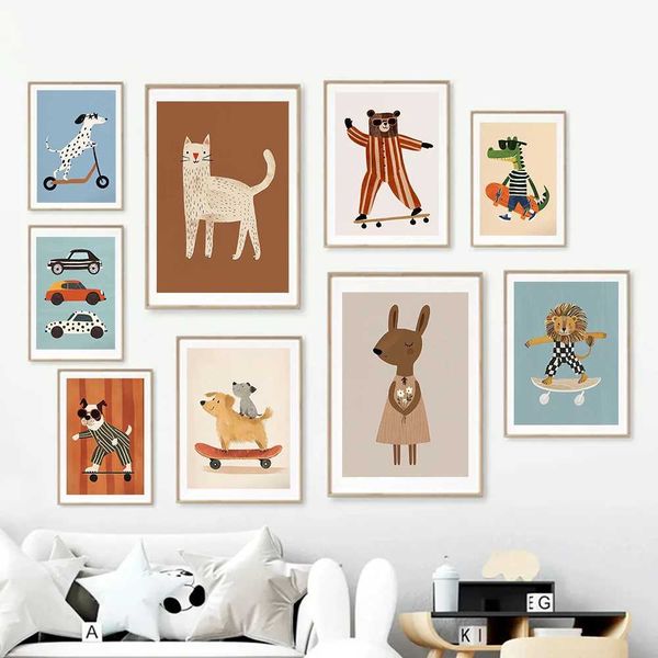 New Arrival Interesting animals rabbits dogs bears cats skateboard posters wall art canvases neutral kindergarten pictures baby room decorat