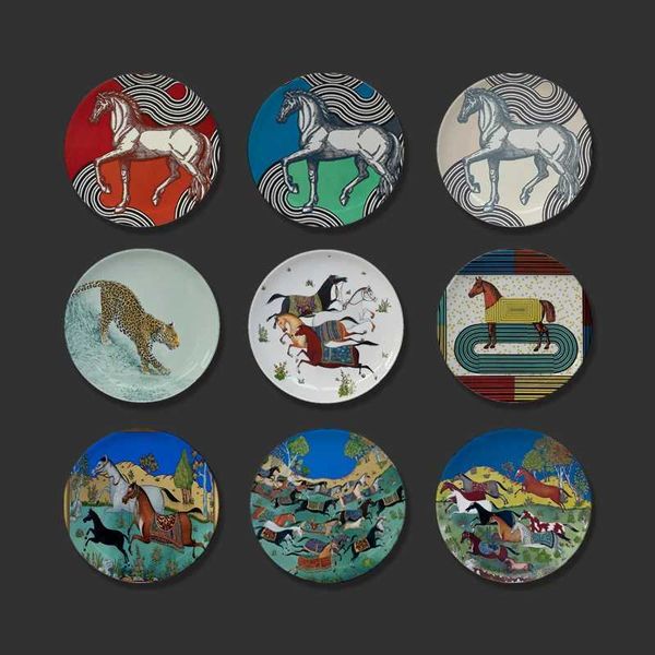 Dishes Plates Jungle Horse Series Decorative Plates European-Style Ceramic Plant Flower Dish Round Ceramic Craft Oriental Horse Garden Plant