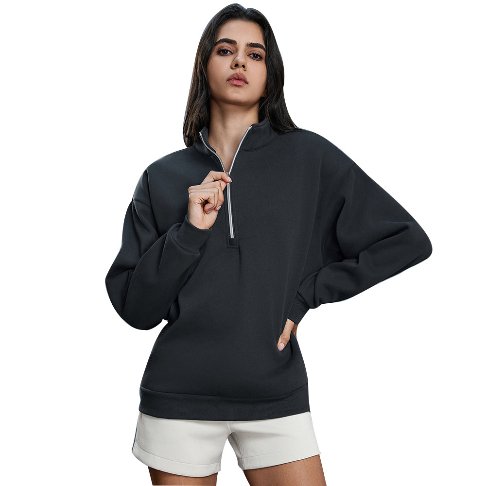 L-4743 Women&#039;s Half-Zip Fleece Lined Sweatshirt-Thick Warm Stand Collar Pullover, Loose Fit Casual Autumn Winter Top