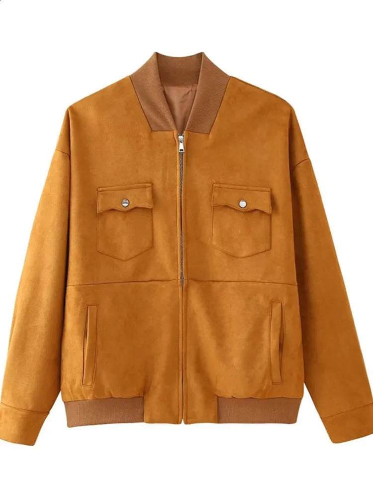 Vintage Chamois Jackets Casual Loose Womens Jacket Coats Autumn Simple Bomber Jackets with Pocket Fashion Women Outerwears 240918