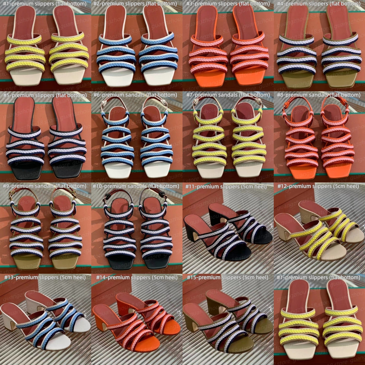 (go off picture not the description) 10A Premium Leather Slippers for Women Summer Fashion Sandals with Colorful Woven Stripe Flat Bottom 5cm Heel S