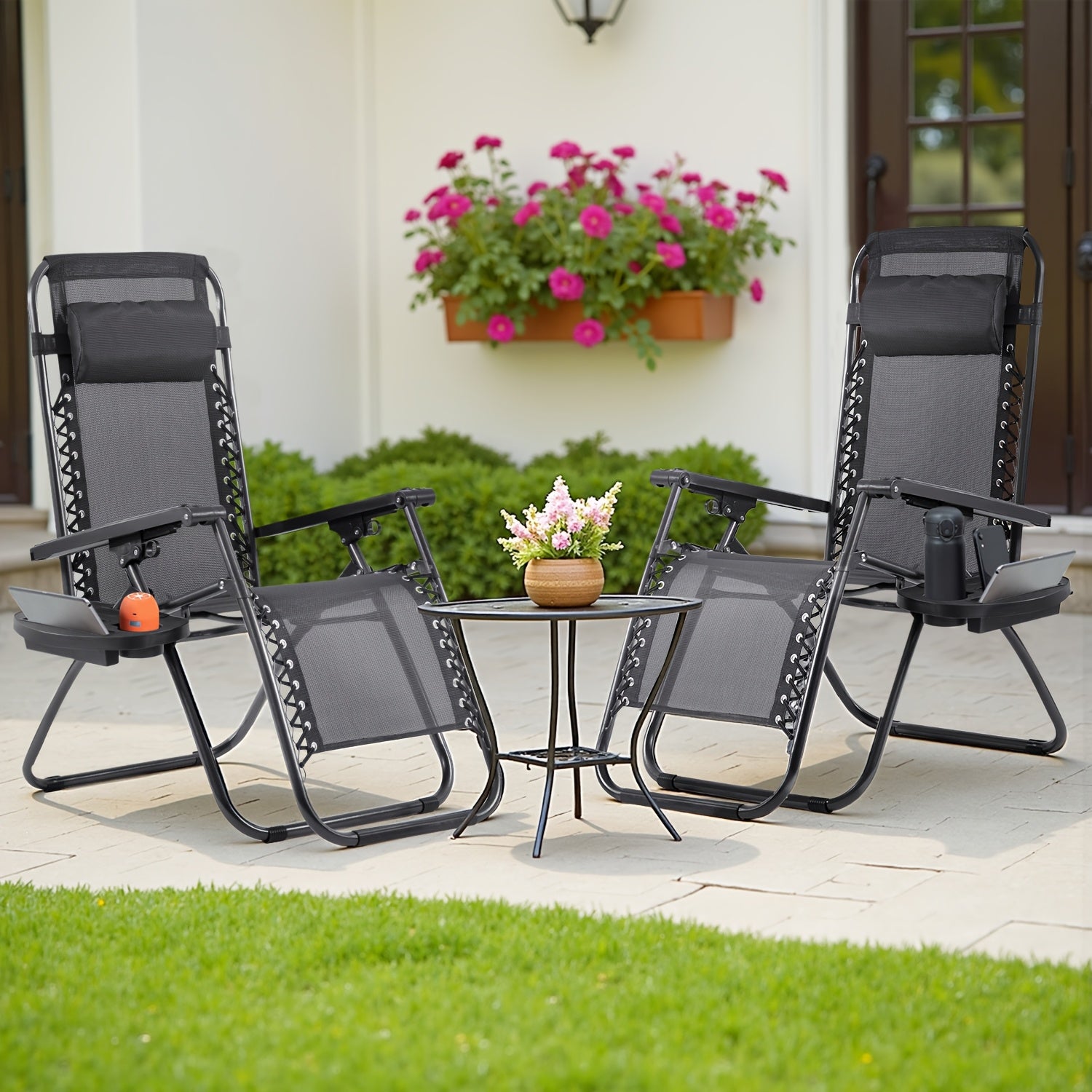 TEMU Adjustable Patio Lounge Chair, 0 Gravity Chair, Terrace Chair, Folding Outdoor Bench With Pillows And Cup Holders For Poolside, Chairs , ,