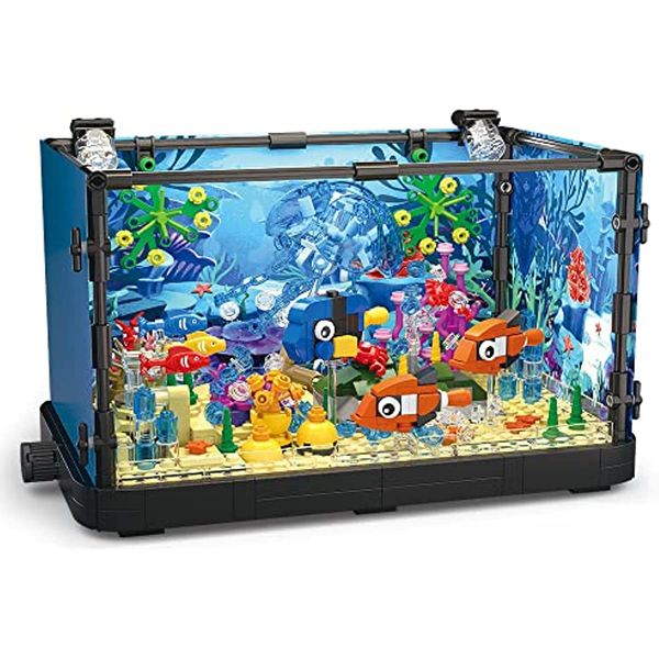 Tank Fish Building Block Toys Set with Light Aquarium Marine Jellyfish Build Bricks Toy for Kids 6 and up