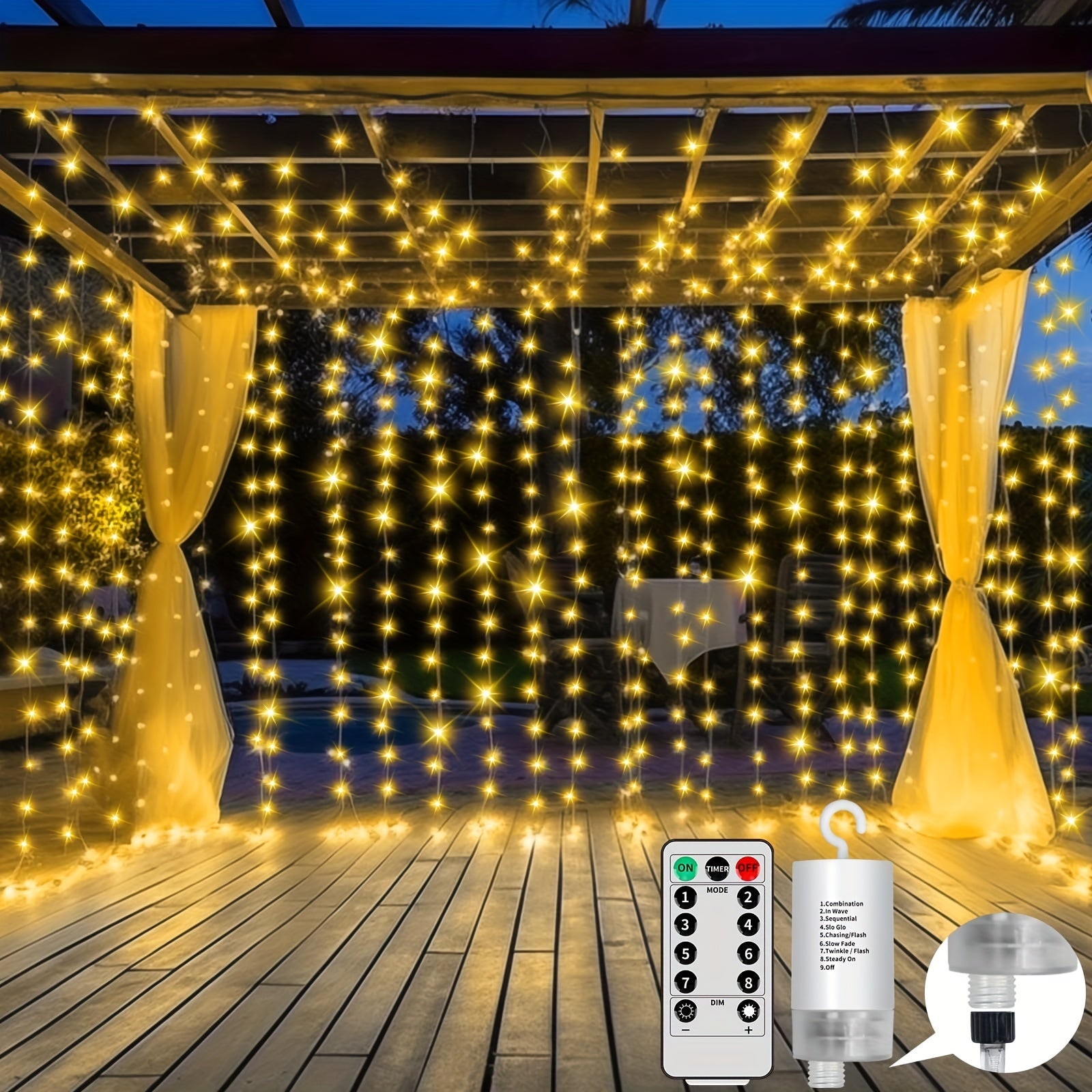 TEMU Upgraded 300led Curtain Lights Battery Operated Outdoor, 10ftx10ft Twinkle Hanging Waterfall Lights With Remote Control 8 Mode Dimmable String