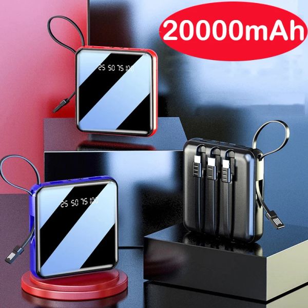 20000mAh Mini With Micro USB Type C Cable Portable Charger LED Mirror Powerbank External Battery Pack Power Bank