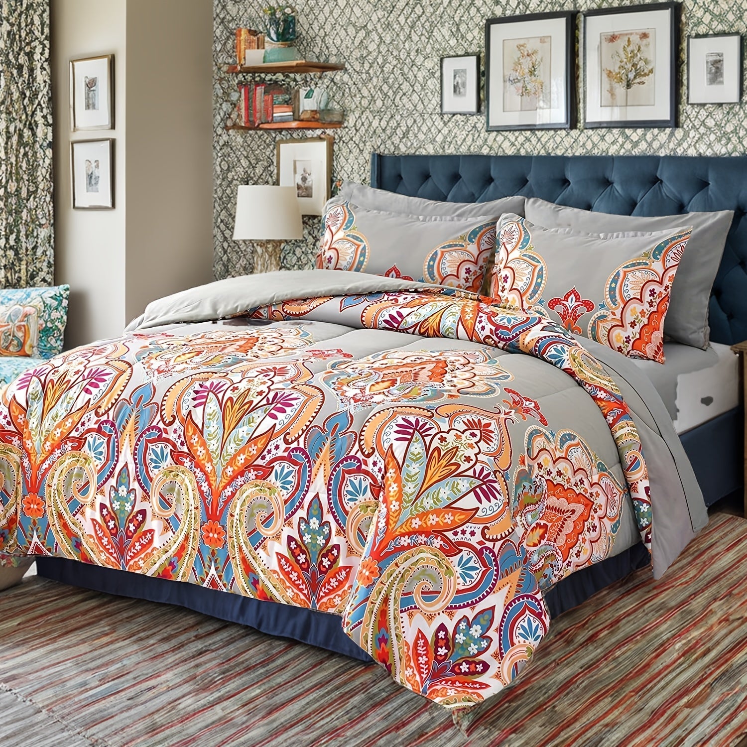 TEMU 2-3pcs Comforter Set, All Season Bedding Set With Rainbow Floral Boho, Bed In A Bag With 1 Comforter And 1 Pillow Sham