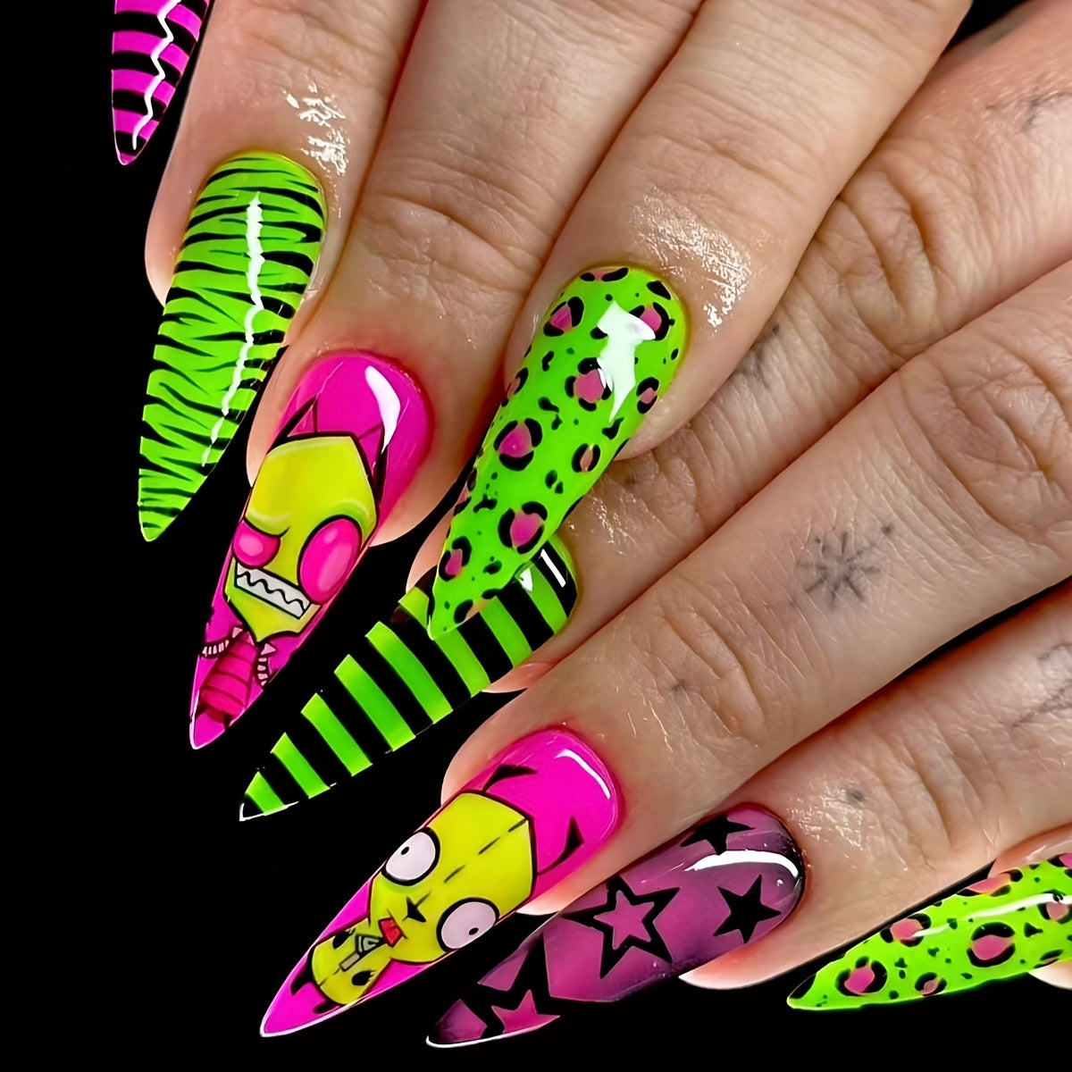 TEMU 24pcs Vibrant Drop-shape Long Press-on Nails With Cute Cartoon & - High-gloss Finish, Holidays & Everyday Wear, Includes Application Tool Kit,