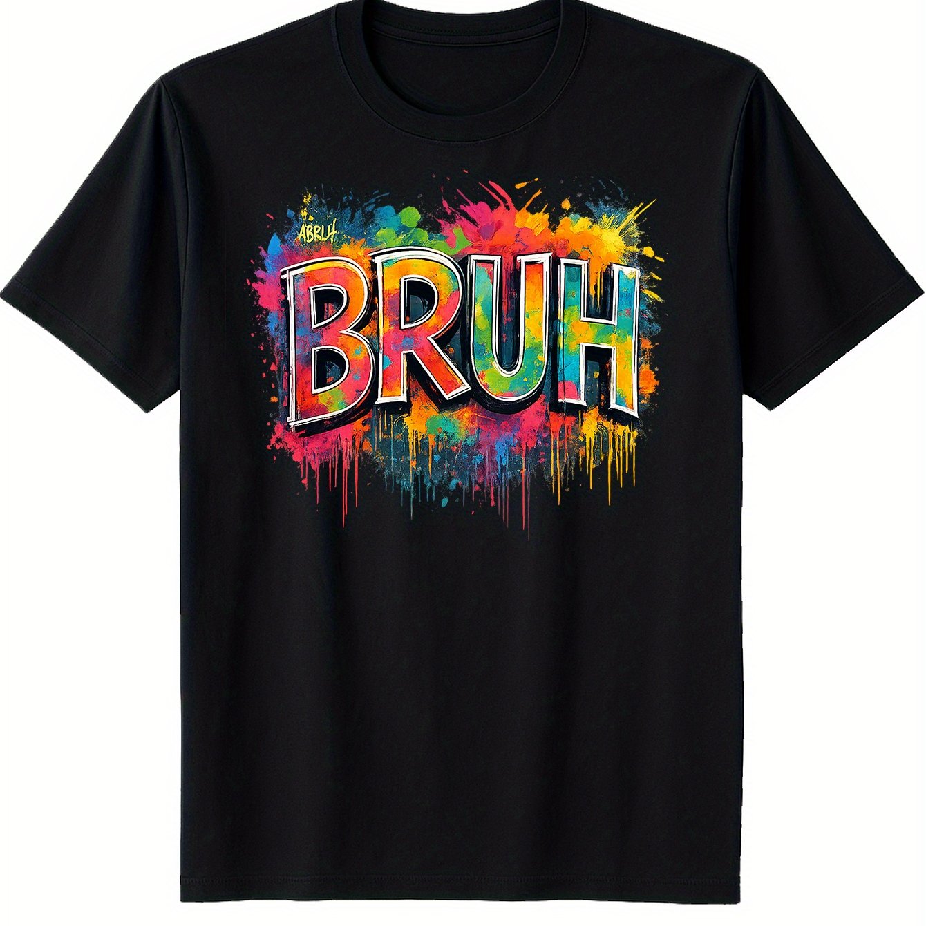 TEMU Men's Colorful Graphic T-shirt - Soft Cotton Casual Tee With Vibrant Splash Print, Black Round Neck Shirt For Casual Attire, Tee Shirts