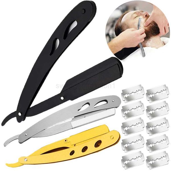 1set Shaving Trimming Knife Holder with 10pcs Shaving Blades Haircut Beard Eyebrow Shaver Tool Manual Folding Barber Knife KitB240709