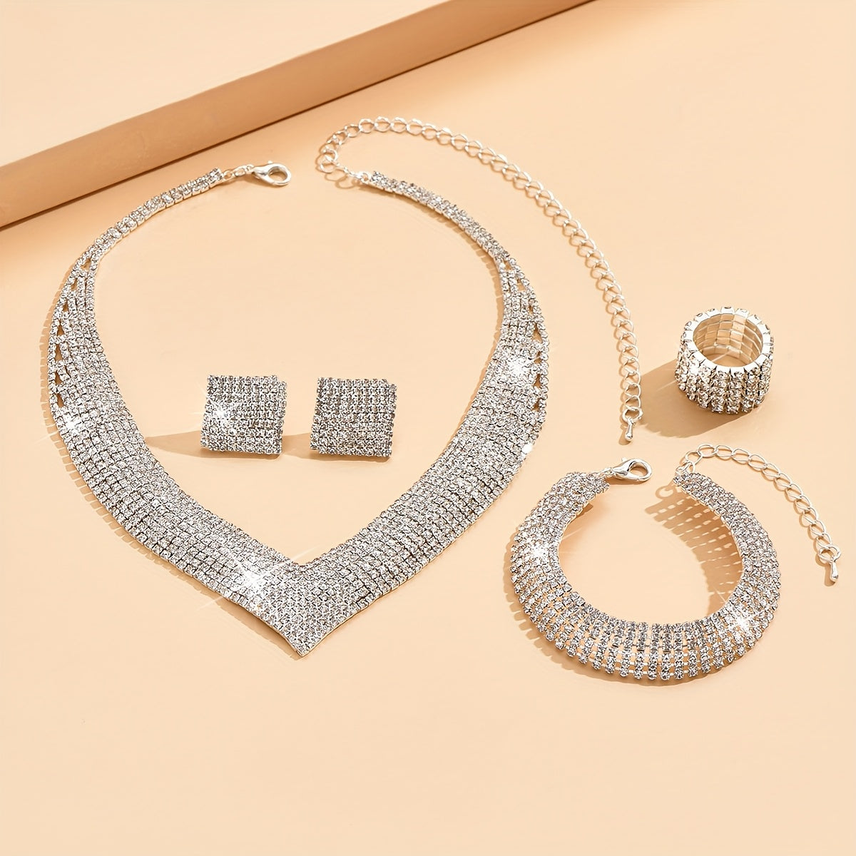 TEMU Silvery Plated Jewelry Set - 5pcs Earring, Necklace, Bracelet & Ring Dupes - Accent, Weddings & Parties - A Accessory Ensemble