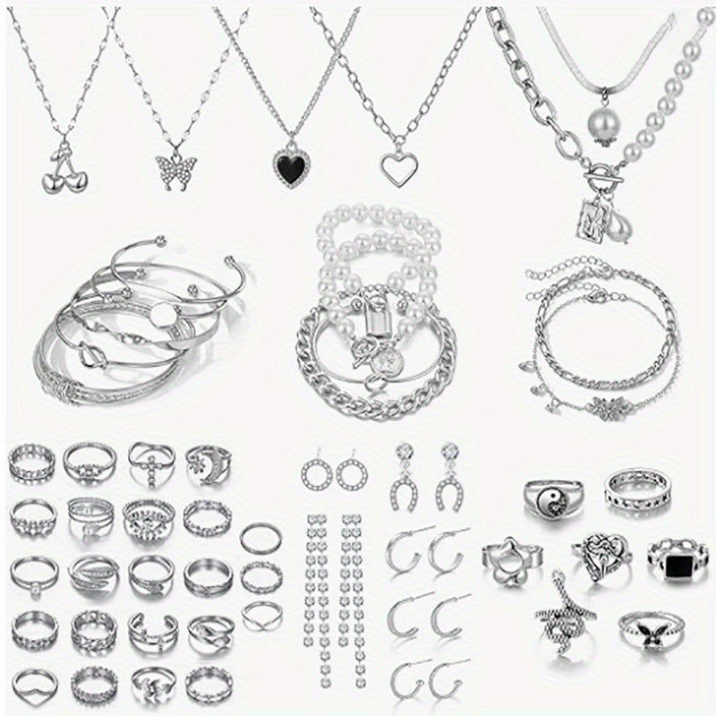 TEMU 53 Set Silvery Jewelry Set With 5pcs Necklace, 11pcs Bracelet And 6pairs Hoop Earrings, 30pcs Knuckle Rings, Jewerly Set For Women Valentine