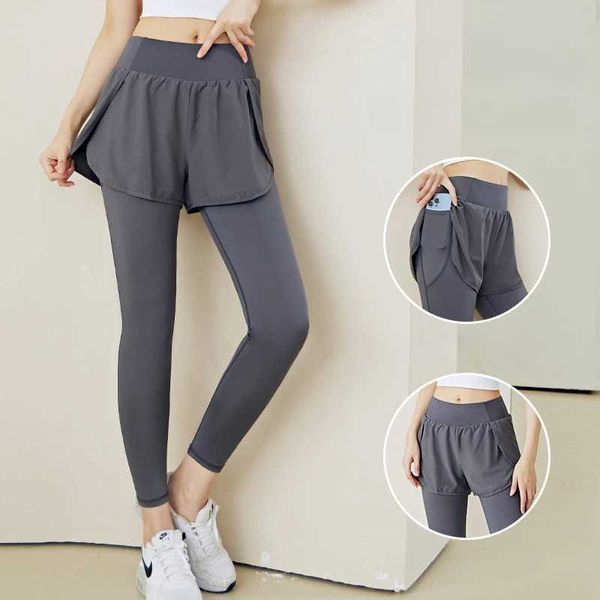 Womens High-waist Yoga Pants Fake Two-piece Abdomen and Hips Seamless Tights High Stretch Fiess Running Sports Leggings M llolg