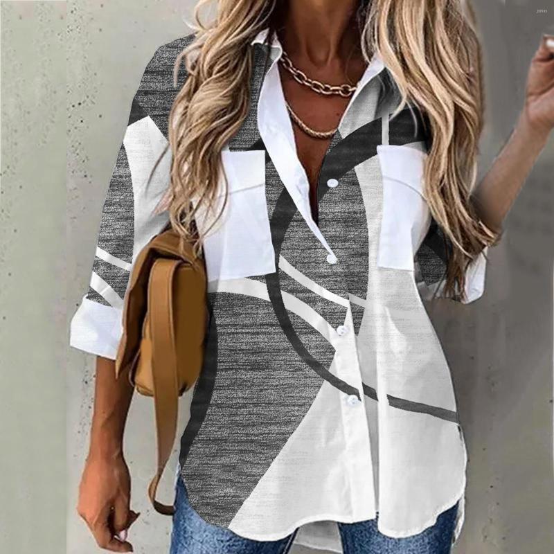 Women&#039;s Blouses Ladies&#39; Loose Top Shirts Temperament All-match Long-sleeved Cardigan Printed Lapel Button Warm Dress Shirt For Women