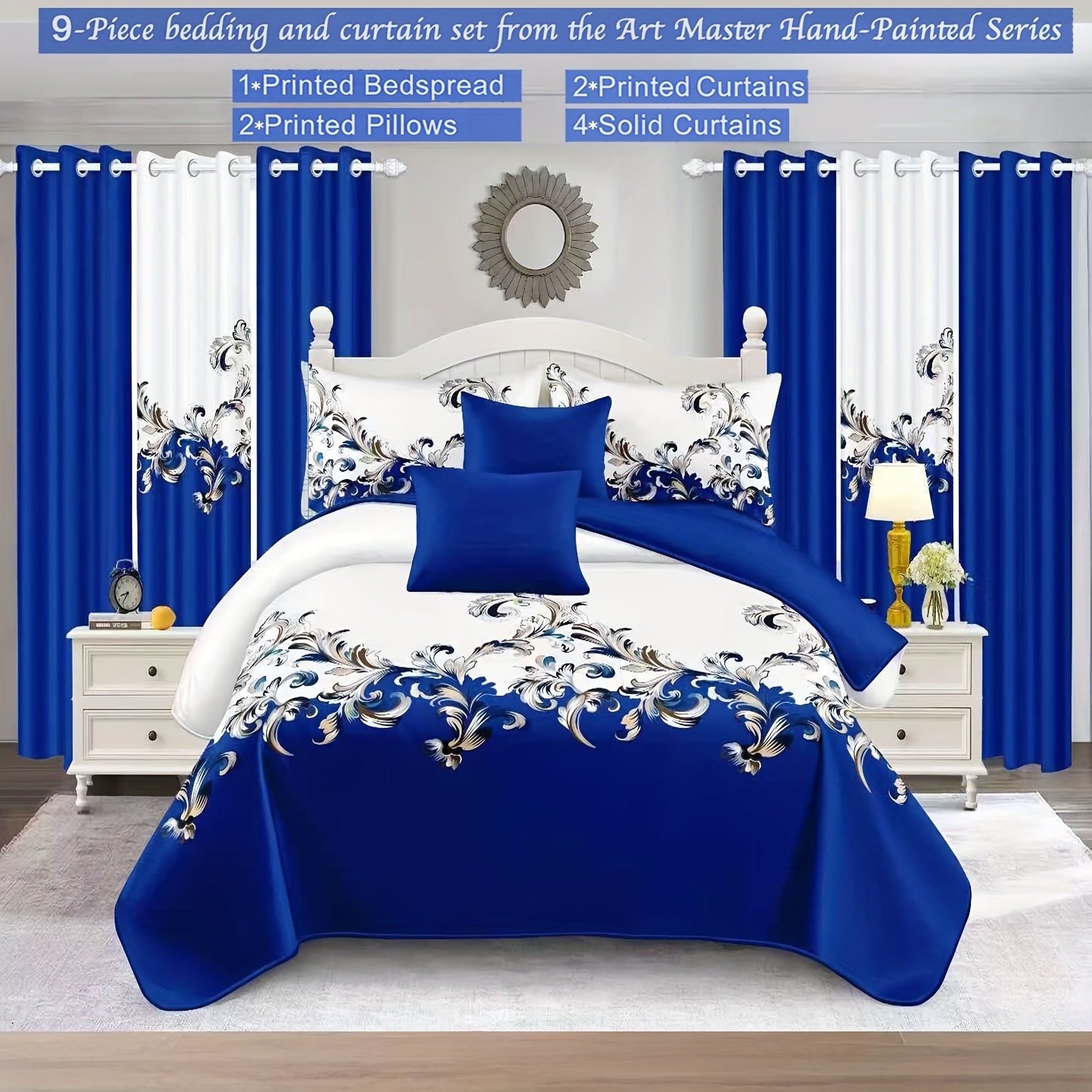 TEMU Baroque Style Luxury 9pcs Bedding And Curtains Set, 1 Baroque Bedspread, 2 Pillowcases, 4 Solid Curtains, 2 Baroque Printed Curtains, All ,