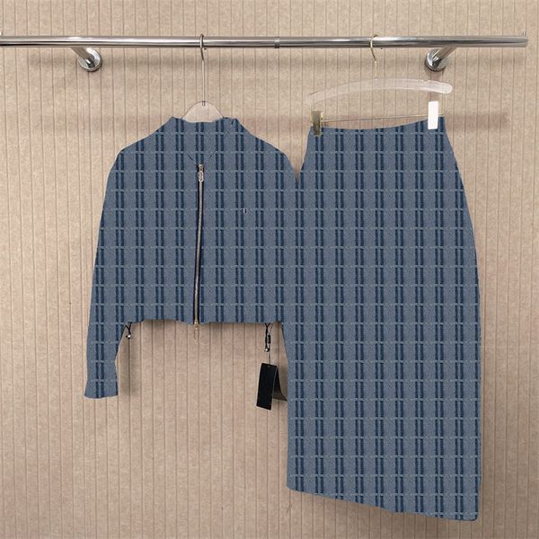 Retro Designer Denim Jacket High Waist Skirts Full Letter Slim Split Hip Skirt Short Style Long Sleeve Jacket Two Piece Set