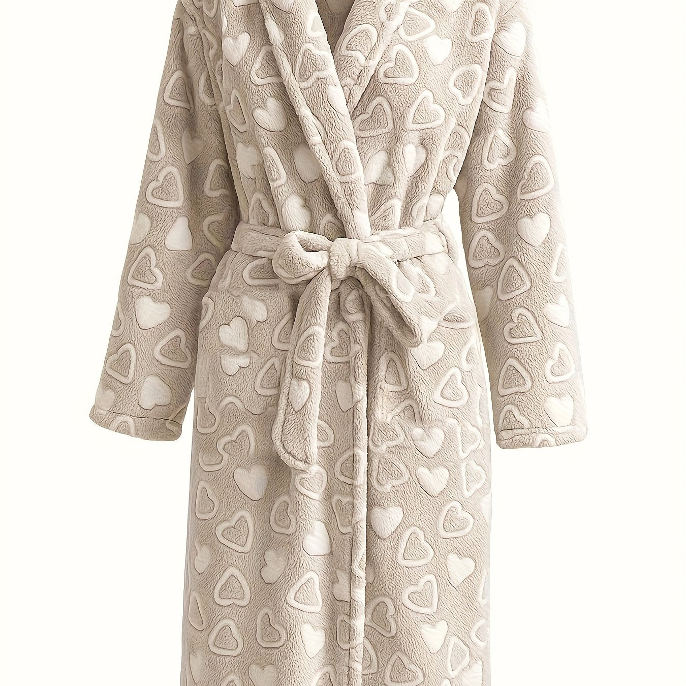 TEMU Women's Loose, Warm And Comfortable Sleepwear With Offset Printing Heart Pattern For Autumn And Winter, New Flannel Nightgown Belt, Double-sided